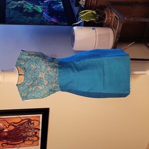 Vintage Blue Sleeveless Mini Dress Lined Crewneck Embroidered Lace